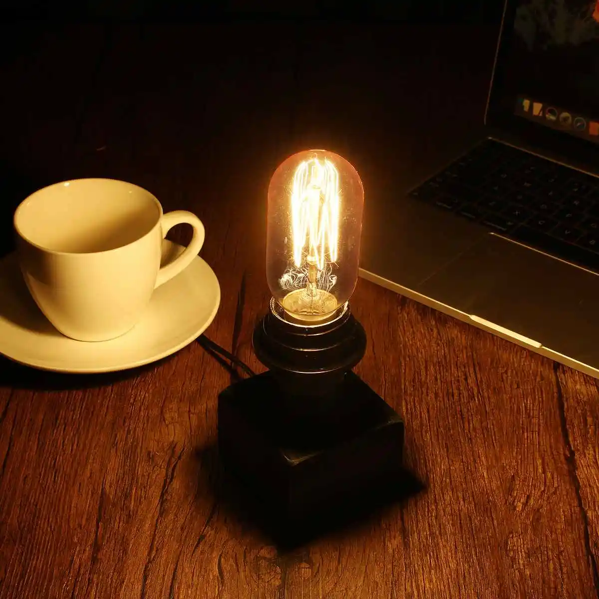 

220V E27 Industrial Retro Vintage Edison Desk Light Table Lamp Wooden Socket Lighting Fixture Dimmable Cafe Decor
