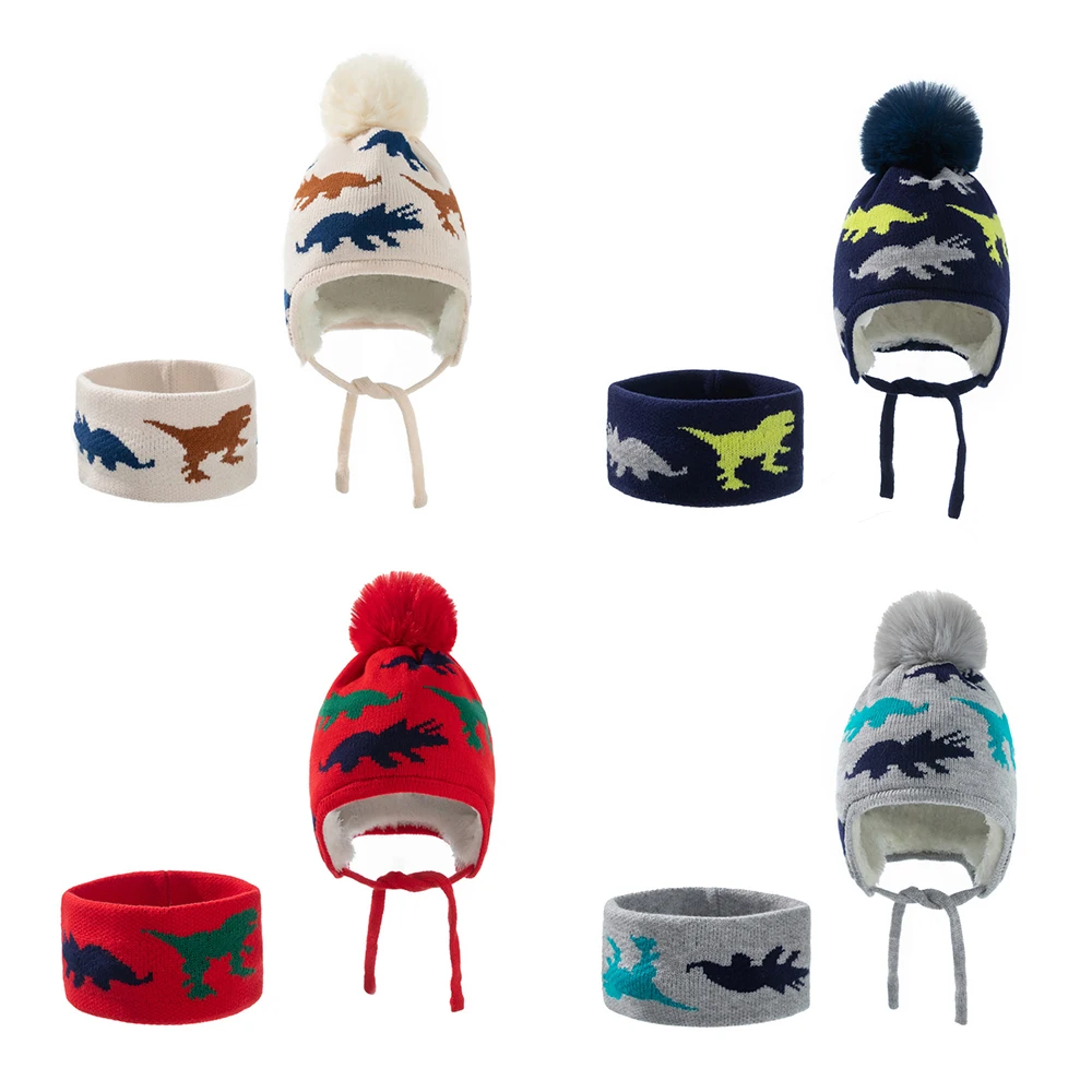 

Новинка 2022, зимняя теплая вязаная шапка + шарф для новорожденных, милая Теплая Шапка-бини с ушками динозавра для детей 0-3 лет, уход за новорож...