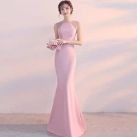 elegant pink round neck mermaid zipper sleeveless formal evening gown prom party homecomiing long simple appliques navy dress