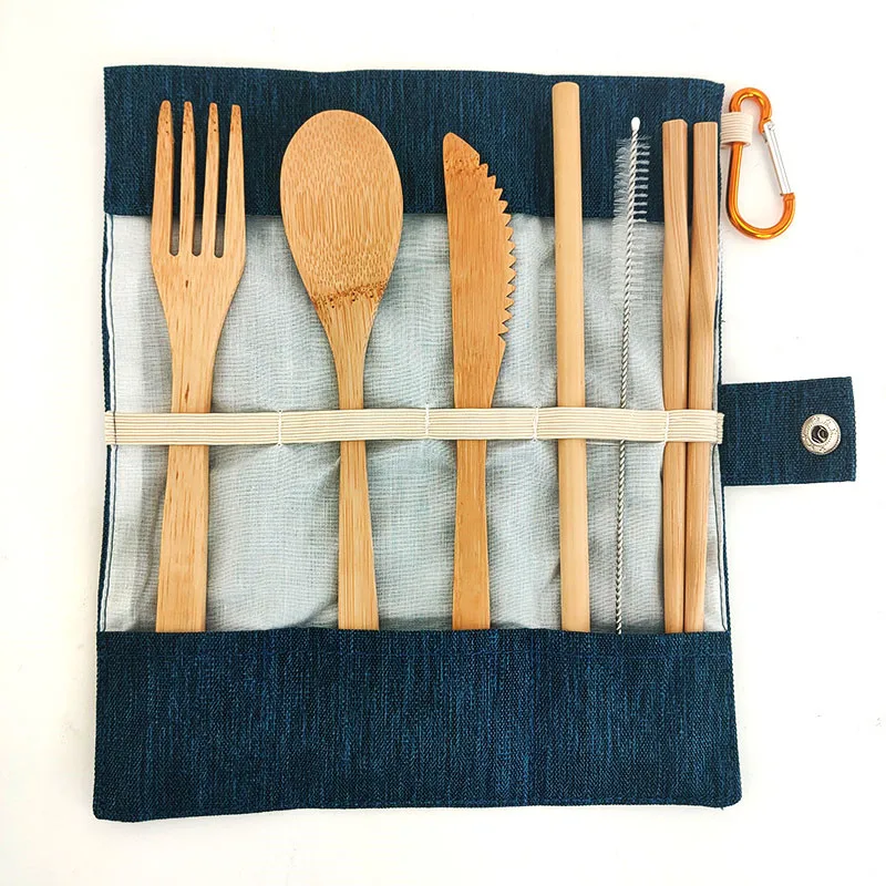 

Bamboo Travel Cutlery Set Bamboo Fork Knife Spoon Chopsticks Straw Portable Carrying Bag with Carabiner Wooden Utensil Set