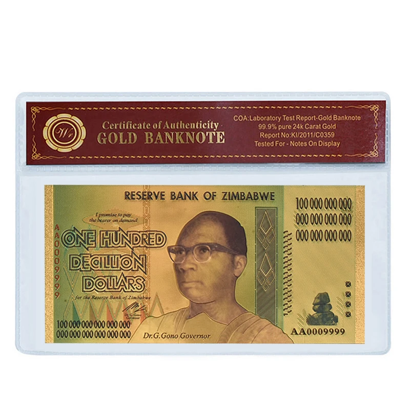 Dececillion Sleeve Zimbabwe$ Z100 триллион/100 кинтриллион/5 октиллион/100 декальон долларовые банкноты из золотой фольги реплики банкнот Бумажные деньги бизнес подарок - Цвет: Dececillion Sleeve