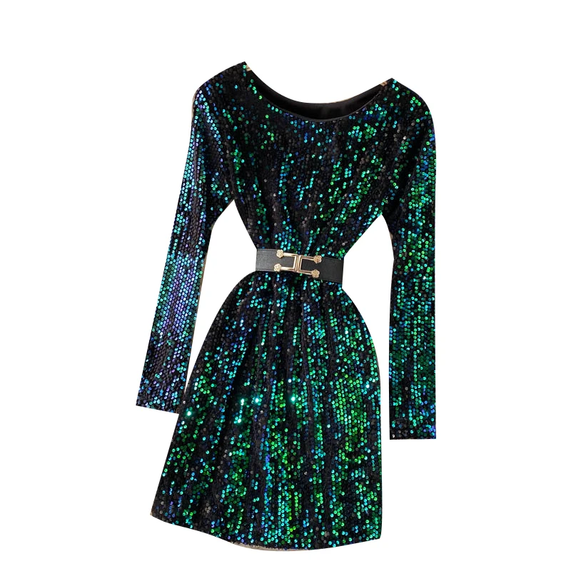 

Autumn New Temperament Fashion Women's Sequined Round Neck Tie Waist Thin Sexy Bag Hip Nightclub Dance Dress UK