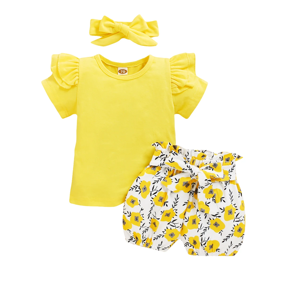 

Summer Newborn Baby Girl Clothes Floral T Shirt Ruffles Short Sleeve Tops High Waist Shorts Headband Yellow Outfits Sets 0-24M