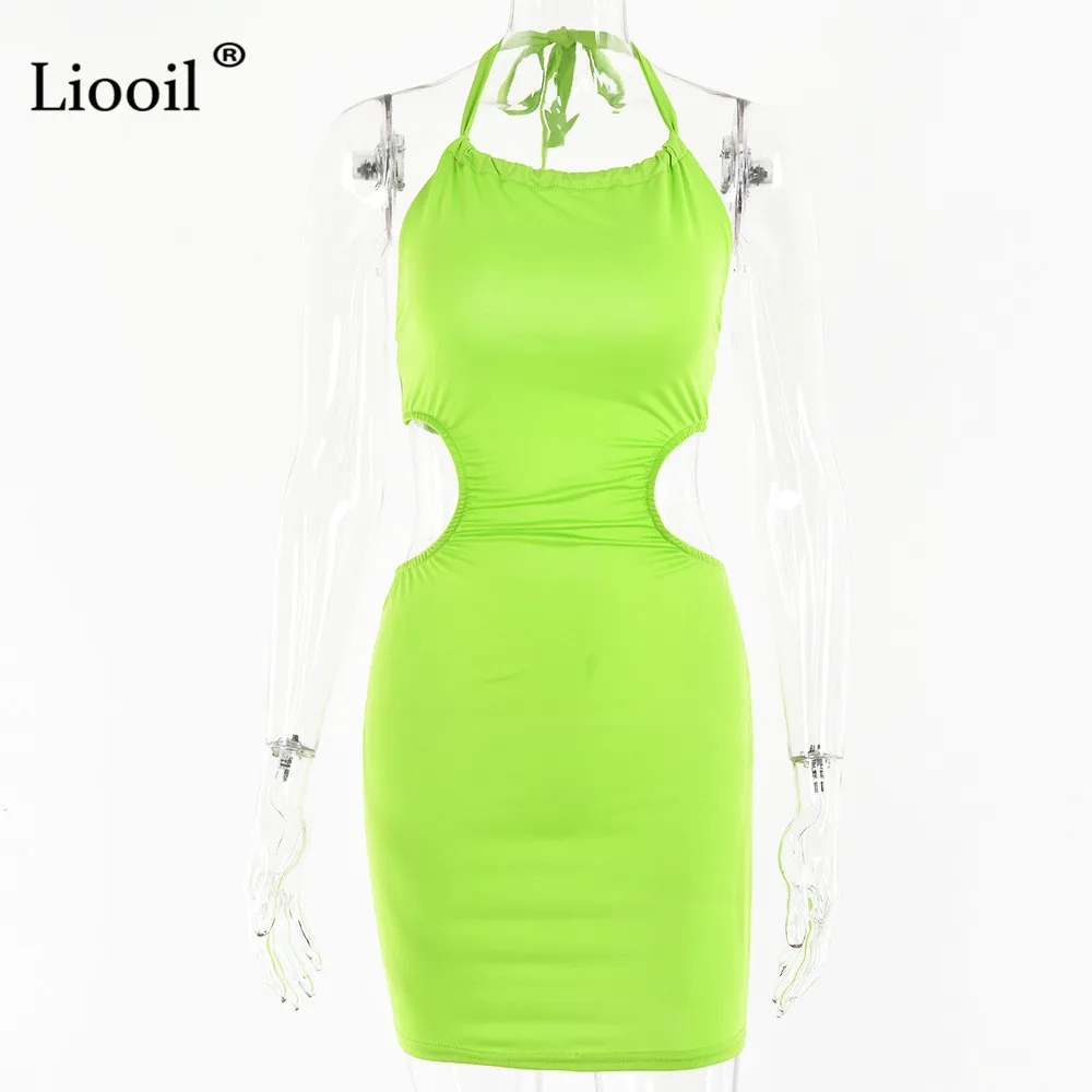 

Liooil Sexy Halter Bodycon Mini Dress Women New 2021 Streetwear Sleeveless Backless Hollow Out Black White Tight Fitted Dresses