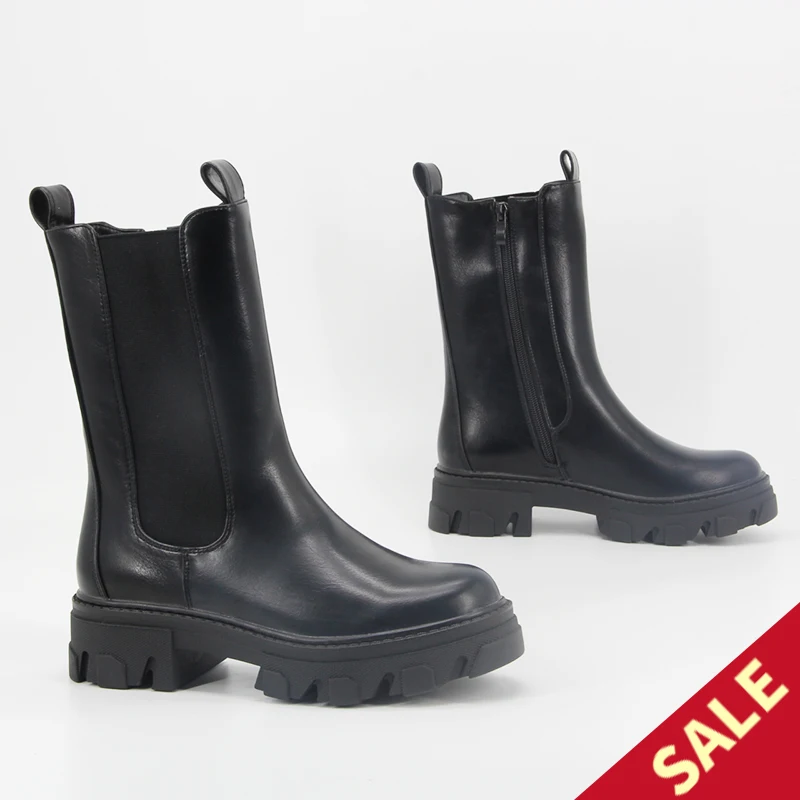 

Large Size pu Material Women Mid Calf Boots Round Toe Slip On Flat Heel Cool Ridding Boots Winter Female Footwear 2021