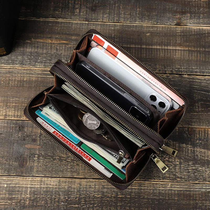 

Contact's Genuine Leather Men's Wallet Clutch Bag Card Holder Long Wallets Double Zipper Large Capacity Vintage Male Purses