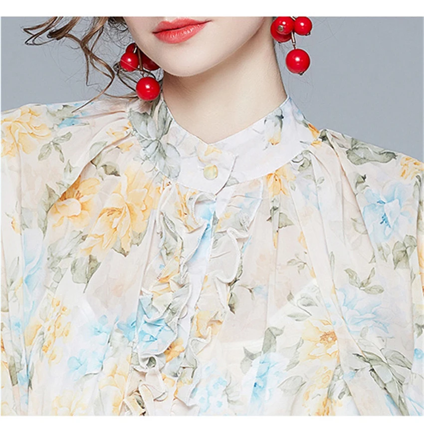 

2021 New Fashion Floral Chiffon Dress Women Lantern Sleeve Casual Ruffle Elegant Mini Dress Boho Holiday Dresses Runway Vestidos