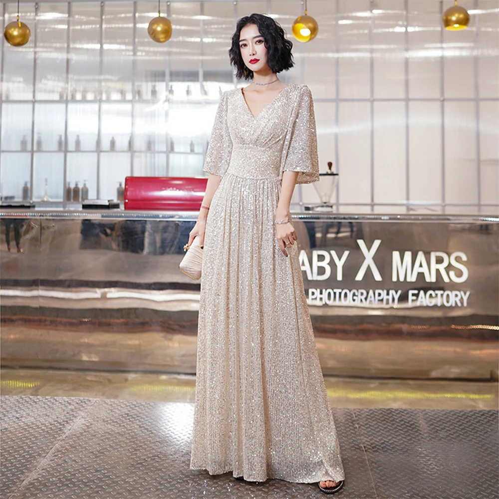 

Evening Dress Long Pagoda Sleeve Sequin Formal A- line V-neck Party Prom Dress High-Waist Elegant Robe De Soriee Champagne