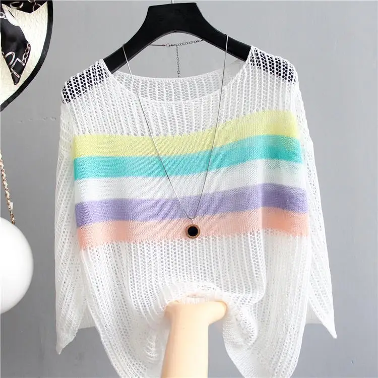

Women Knitted Pullovers Spring Summer Sexy Hollow Out Tops Striped Seven Quarter Sleeve Thin Sunscreen Loose Basic Office