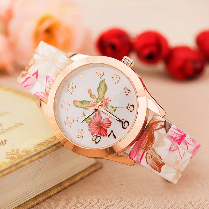 

Women Girl Watch Silicone Pink Printed Flower Causal Leather Band Women Analog Quartz WristWatches Ladies Clock Relogio Feminino