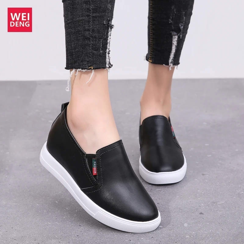 WeiDeng Women Genuine Leather Leisure Shoes Platform Flat Slip On Casual Female Light Fashion Comfort Increase 6cm | Обувь