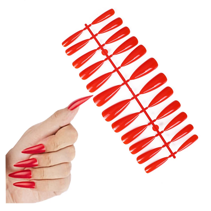 

24Pcs/Set Long Stiletto Fake Nails Pointed End Red ballet False Nails Artificial Full Nail Tips Manicure Tools 12Colors