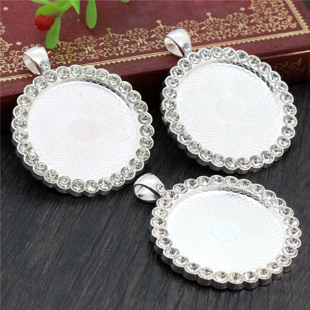 

5pcs 30mm Inner Size Bright Silver Plated Transparent and Blue Rhinestone Style Cameo Cabochon Base Setting Pendant