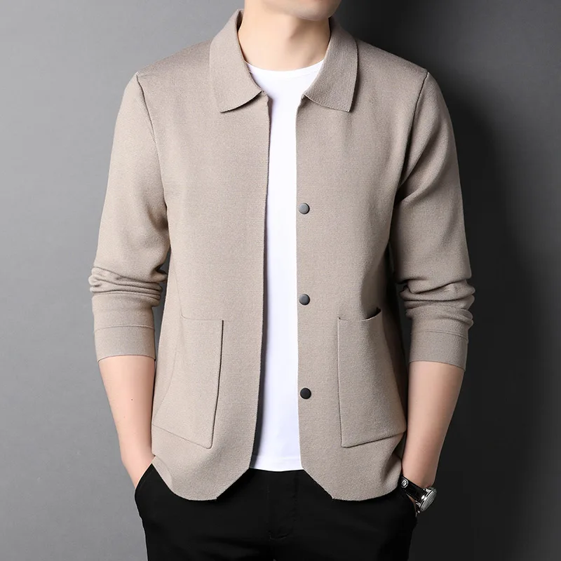 

2021 Autumn New Men's Lapel Wool Cardigan Jacket Fashion Casual High Quality Solid Color Beige Sweater Male Brand Clothes