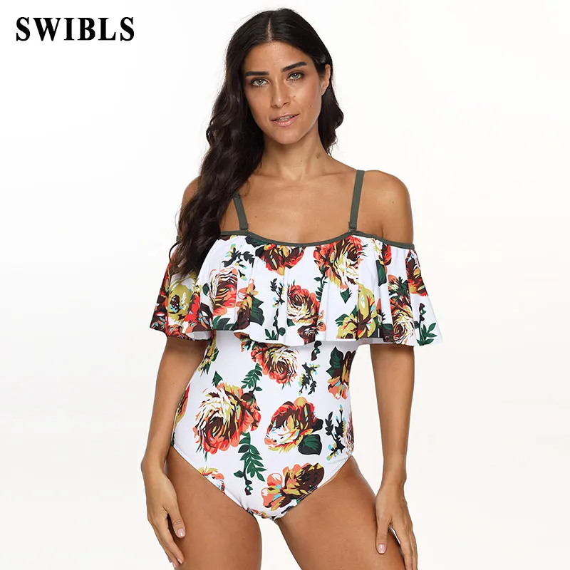 Женский слитный купальник размера плюс с зелеными цветами купальный костюм для