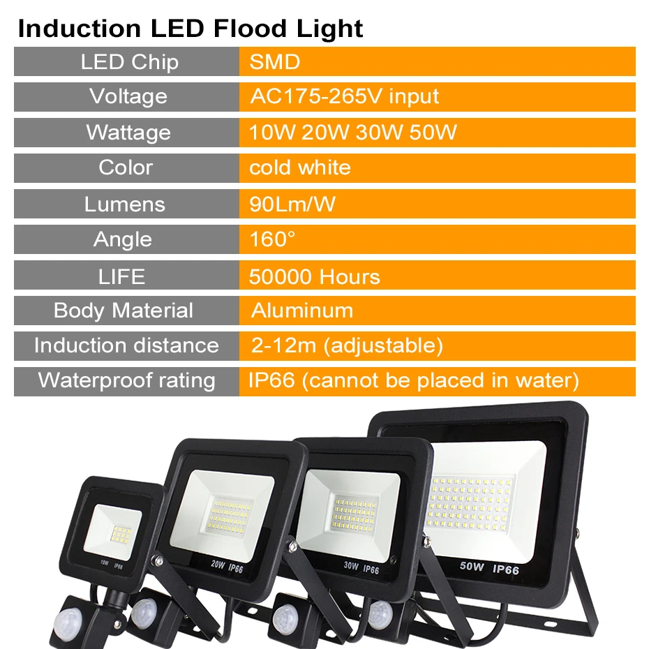 Sensor de movimiento PIR reflector 50W 30W 20W Luz de inundación Led de 10W foco AC220V IP65 de jardín al aire libre del garaje de pared LED iluminación de la lámpara