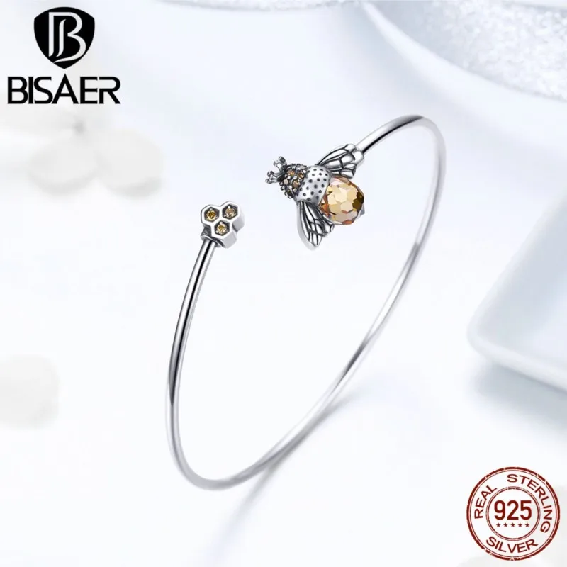 

BISAER Real 925 Sterling Silver Crystal Bee Honeycomb Bracelets & Bangles Adjustable Opening For Women Fine Jewelry Gift ECB104