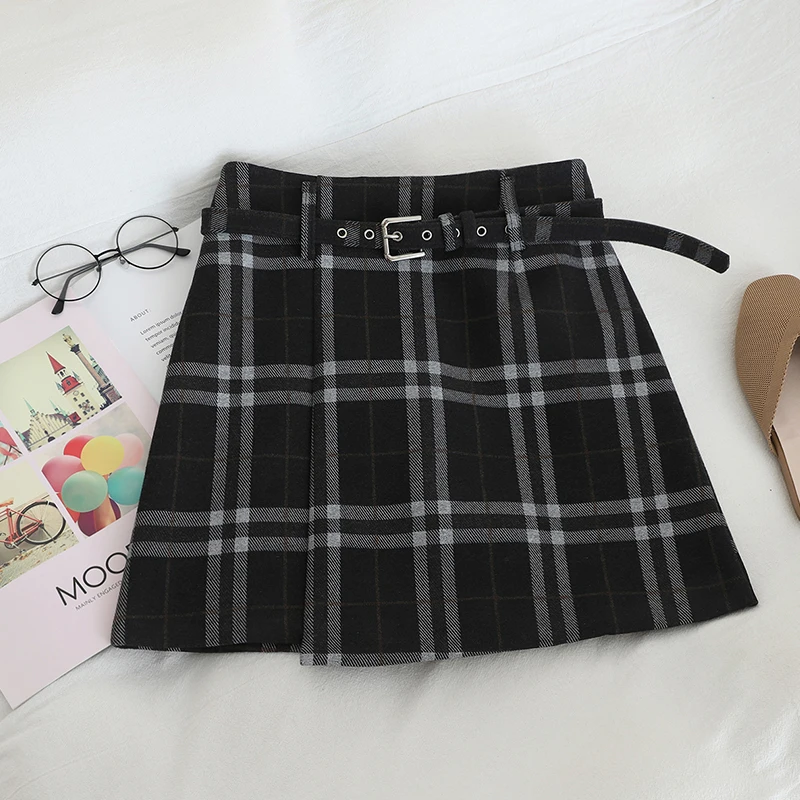 HELIAR Preppy Plaid Woolen Shorts With Pocket Women Sashes Shorts Wide Leg Outwear Shorts Fall Winter Street Shorts Women