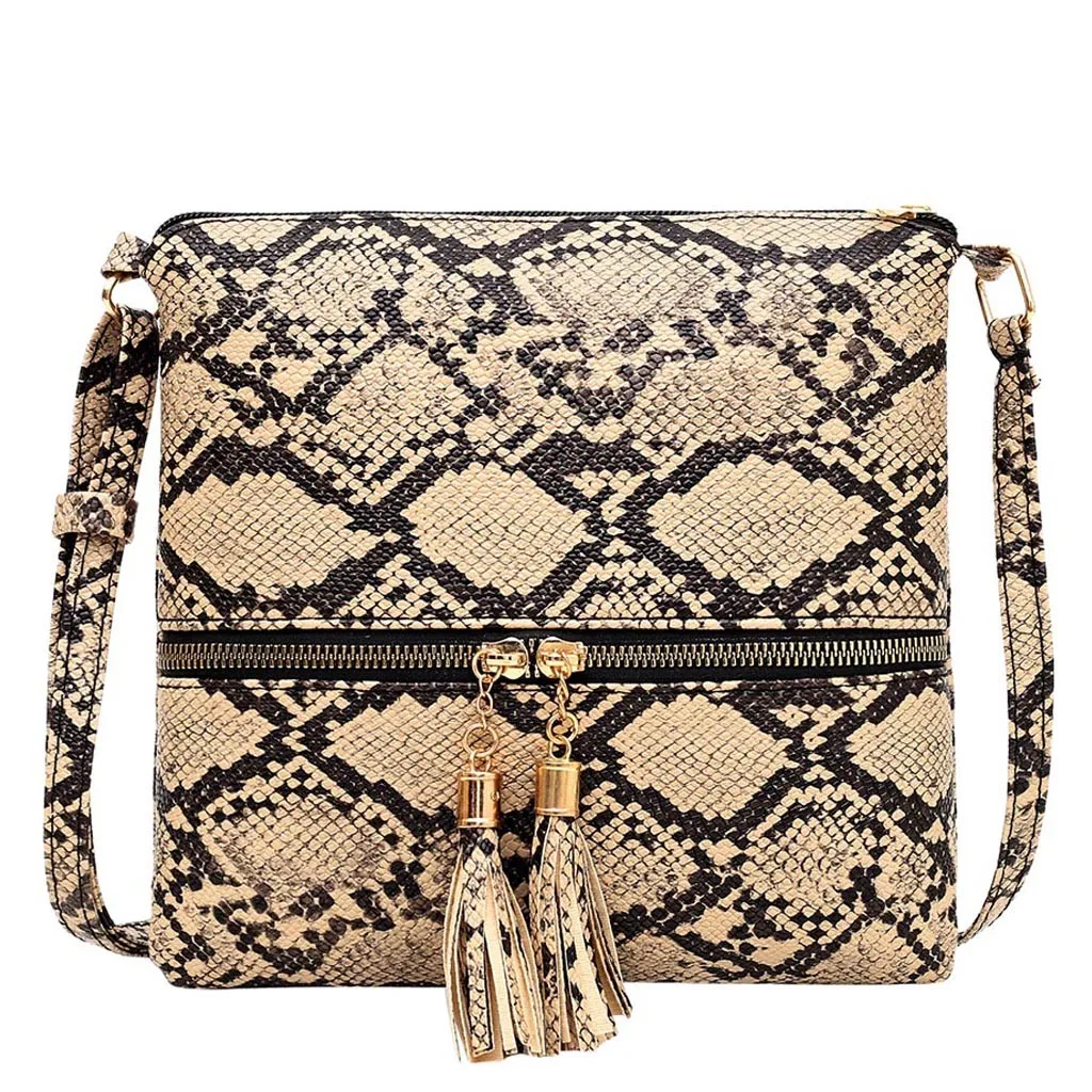 Khaki Fashion Women Tassel Snake Printing Zipper Messenger Bag Handbag Shoulder Bag Elegant Small Square Bags#YJ - Цвет: Khaki