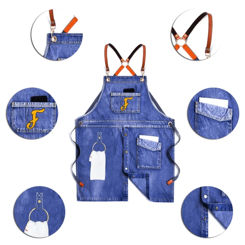 

39XB Unisex Apron Blue Denim Apron for Men Women Hair Stylist Craftsmen BBQ Resistant Coffee Shop Garden Work Apron with Pockets