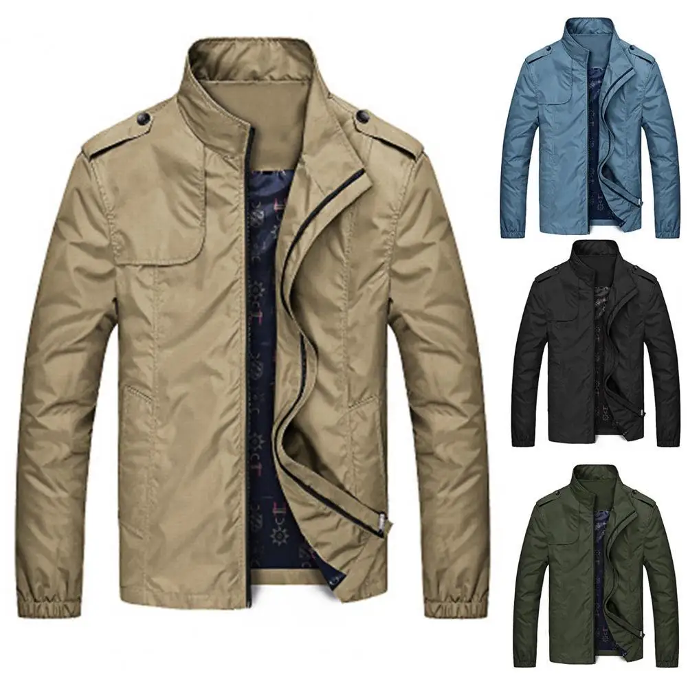

Autumn New Men Coat Solid Color Stand Collar Slim-Fit Two Pockets Zipper Closure Casual Warm jacket for Daily Wear Plus Size
