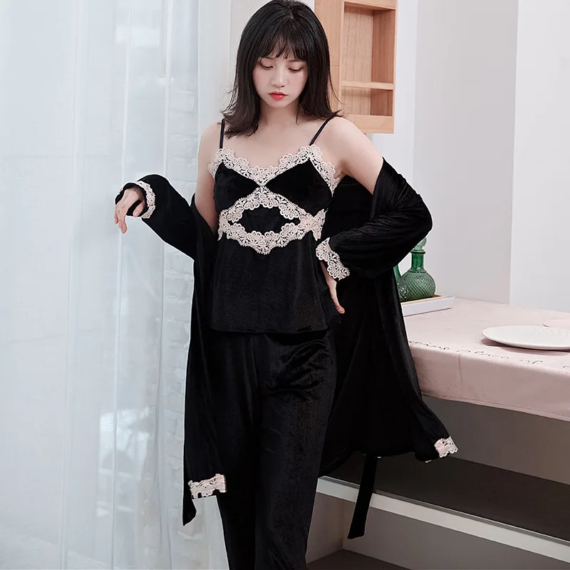 

Soft Velour Kimono Bathrobe Gown Women 4PCS Pajamas Suit Autumn New Sexy Sleepwear Velvet Intimate Lingerie Lace Home Clothes