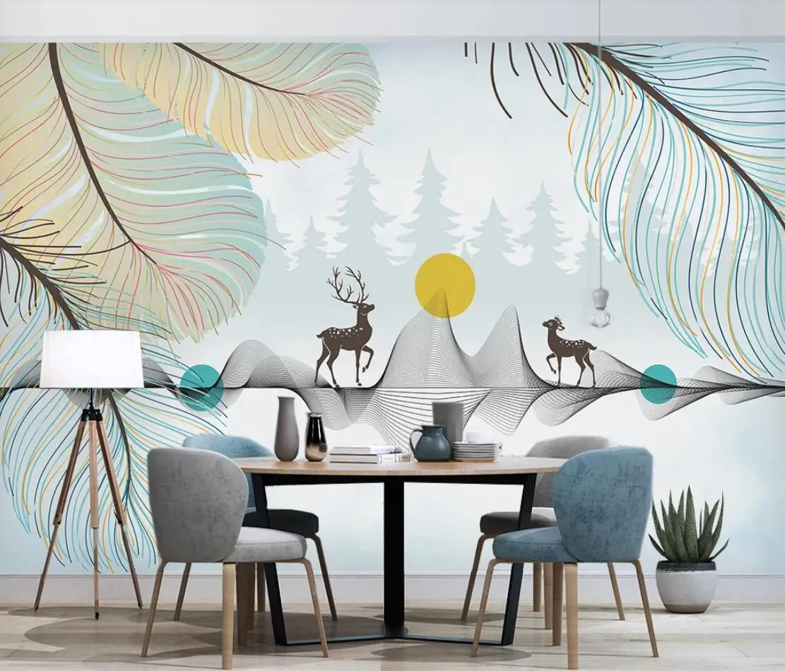 Настенная роспись с синими перьями и деревьями для детской спальни обои большим