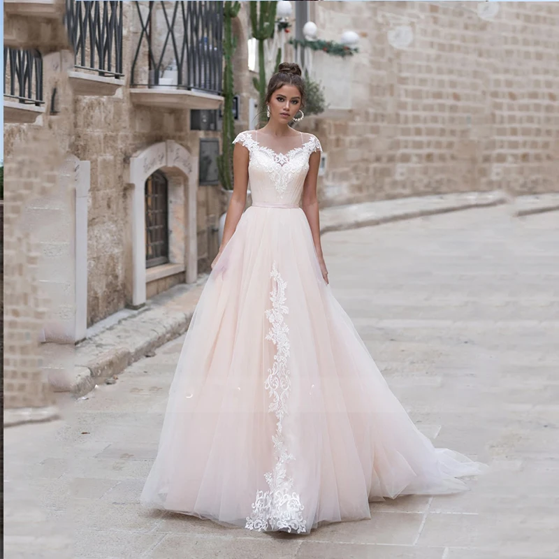 

Illusion Wedding Dresses 2021 Princess Robe De Mariee Modest Scoop Neck Tulle Lace Applique Cap Sleeve Mine Bridal Gowns