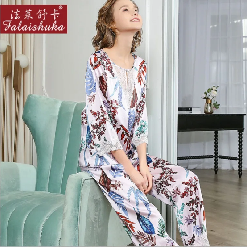 Woman Sexy Silk Pajamas Sets Stain Floral Lace Print Summer  2020 Lady Plus Size Fashion Pyjamas Set  Sleeve Female 2piece sets