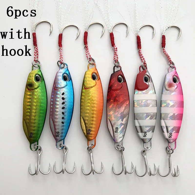 6pcs with hook2 6 шт./лот, 10, 15 г, 20 г, 30 г, 40 г, 60 г, ложка, металлический джиг, тройной крючок, искусственная приманка, свинцовая, морская, для ловли на окуня, для рыбалки на суше, приманка для джигинга - Цвет: 6pcs with hook2