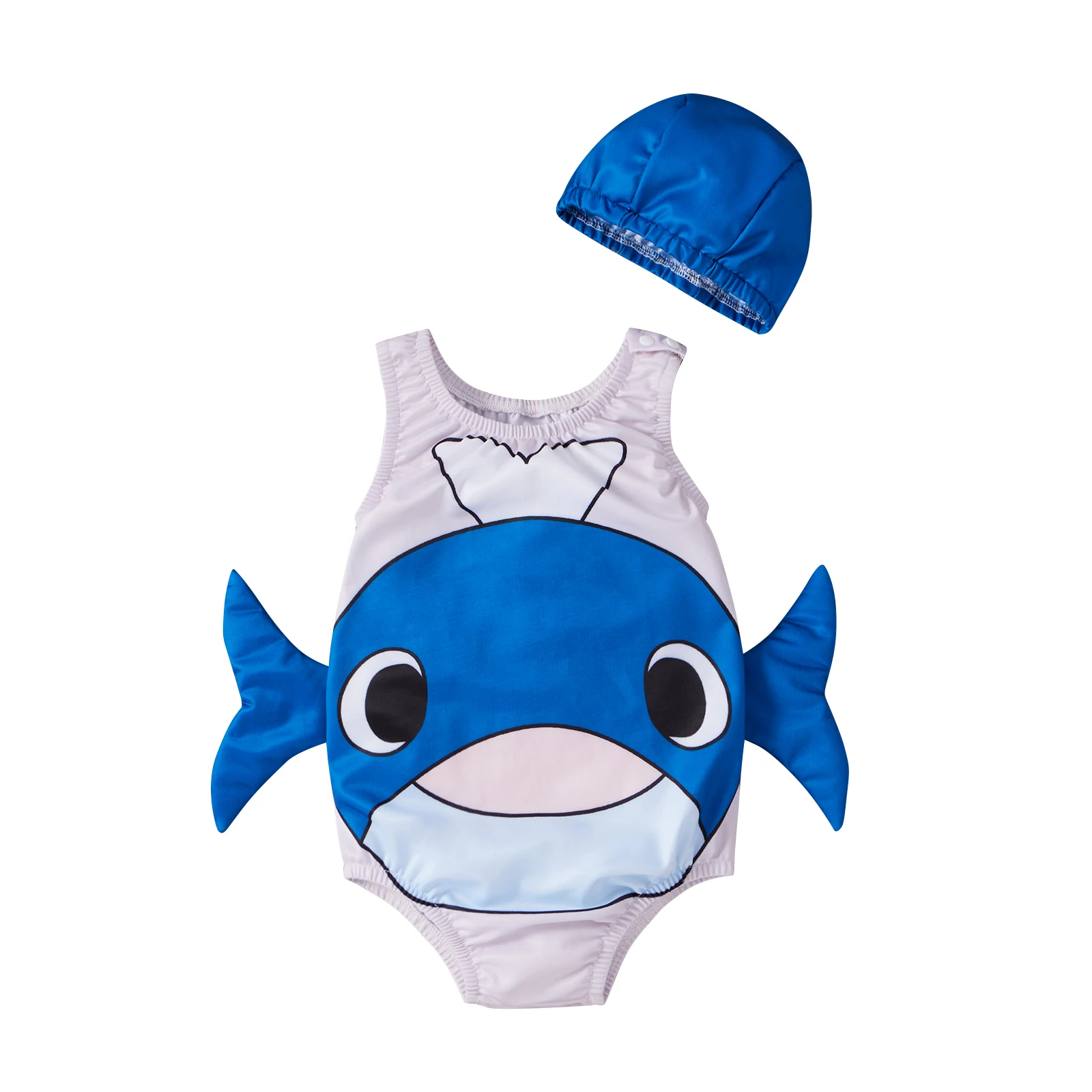 

Baby Swimsuit Set, Whale Print Sleeveless O-neck One-piece Swimwear + Solid Color Swimming Hat