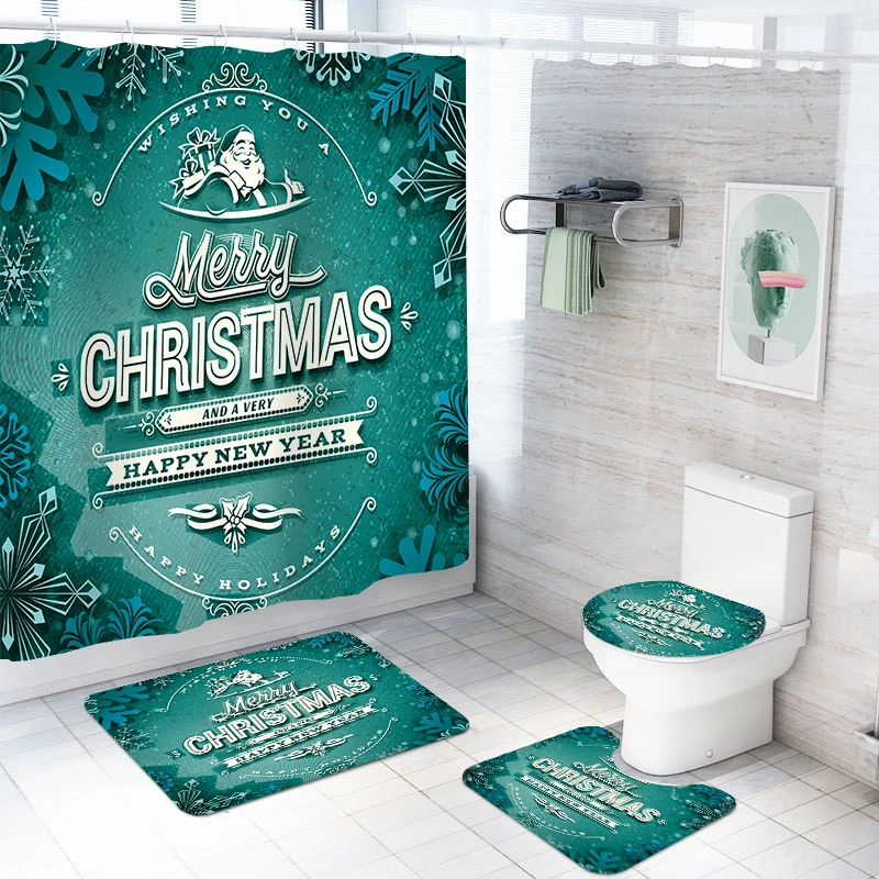 4 Pieces Merry Christmas Shower Curtains Sets Green Background Toilet Cover Bath Mat Happy New Year Pad Set Bathroom Curtain enlarge
