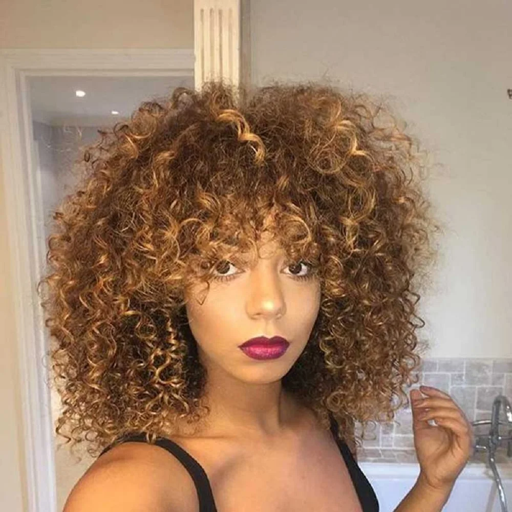 

Synthetic Wigs for Black Women Omber Afro Kinky Curly Short Wigs With Bangs High Temperature Fiber Blonde Brown