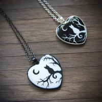 magical cat and moon hand painted heart pendant black cat or white cat
