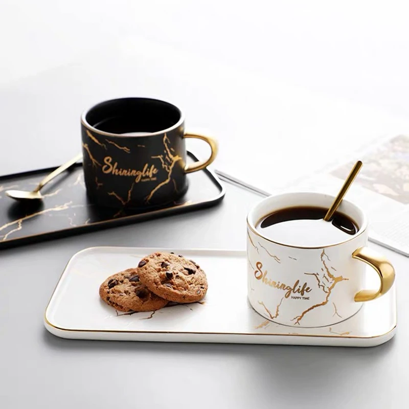 

Nordic Luxury Gold Inlay Ceramic Coffee Cup and Saucer Set Coffee Cup with Dessert Plates Marble Design Dropshipping Gift