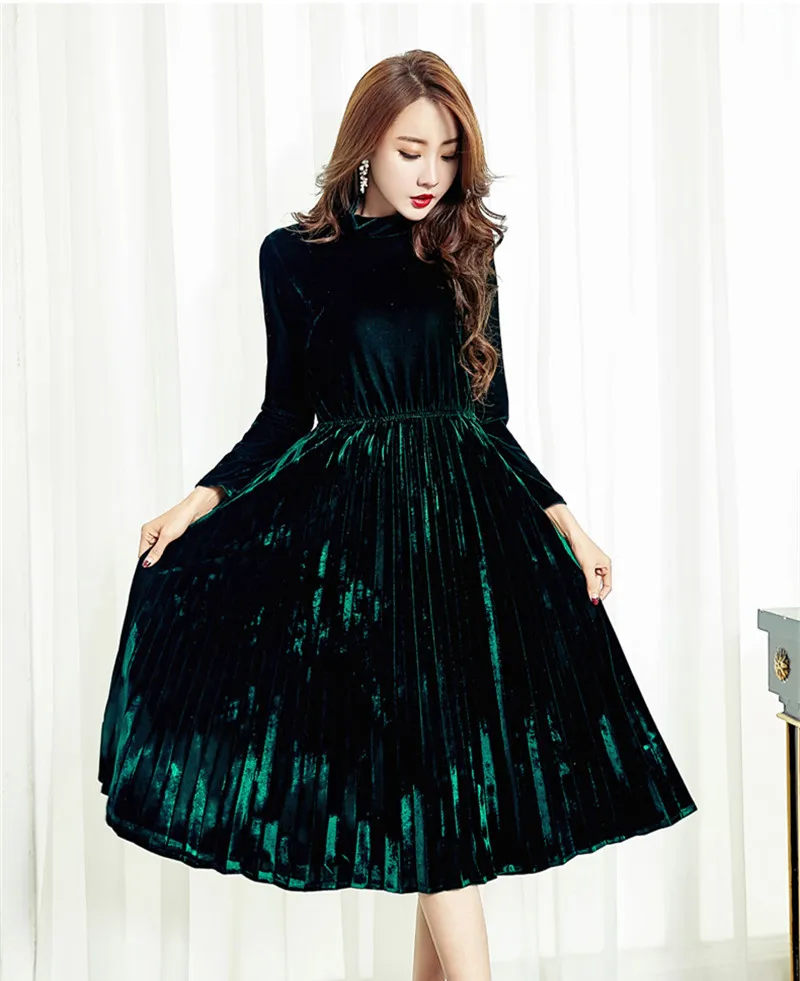 Мода 2020 бархатные женские осенне-зимние плиссированные винтажные платья Зеленое