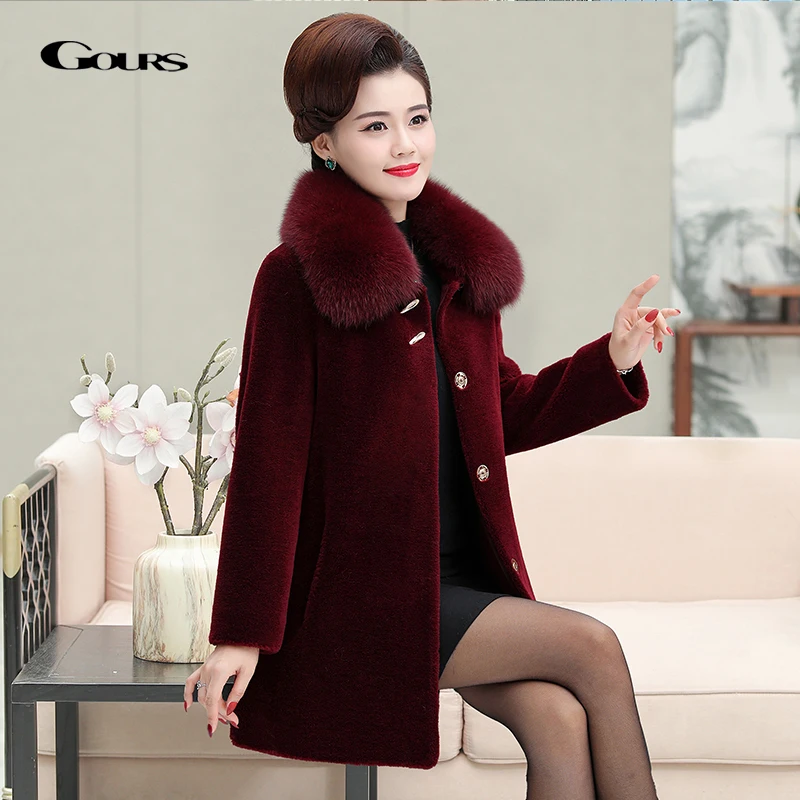 GOURS Зима Натуральная овечья шерсть пиджак женщины шерстяная куртка с натуральным