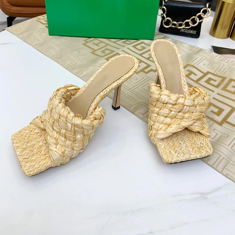 

High-heeled Slippers Female Summer Cross-woven Fine-heeled Simple Leisure Travel And Vacation Essential Beautiful Shoes 35-42S