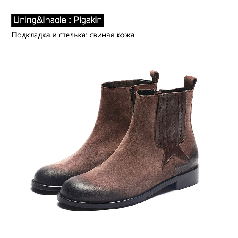 Brown pigskin Donna-in/Зимние ботильоны из натуральной коровьей замши женская зимняя обувь на низком каблуке с круглым носком на молнии в стиле ретро г. Новые модные ботинки - Цвет: Brown pigskin