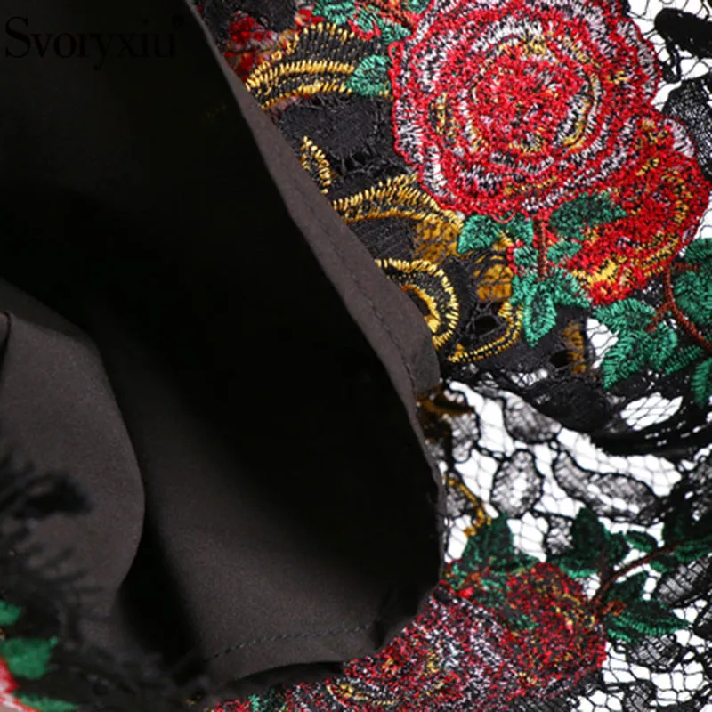 

Svoryxiu Runway Custom Summer Vintage Black Lace Flower Embroidery Dress Women's Fashion Half Sleeve High-End Party Midi Dresses