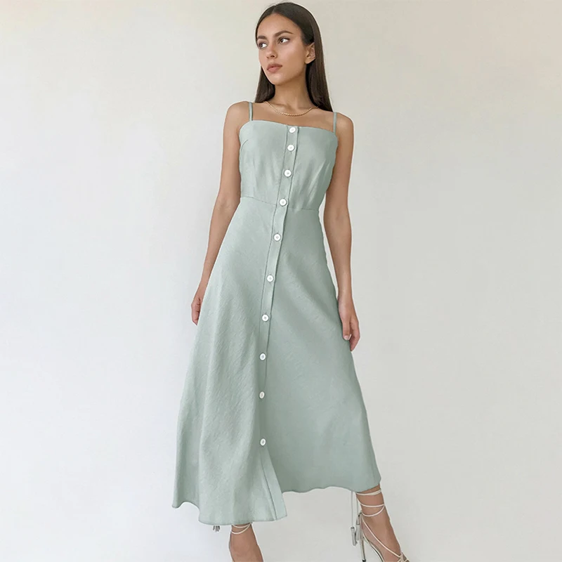 

Mint Green Strap Dress Summer Women Clothing Casual Solid Color Loose Backless Slimming Single Breasted A line Dress Long Skirt