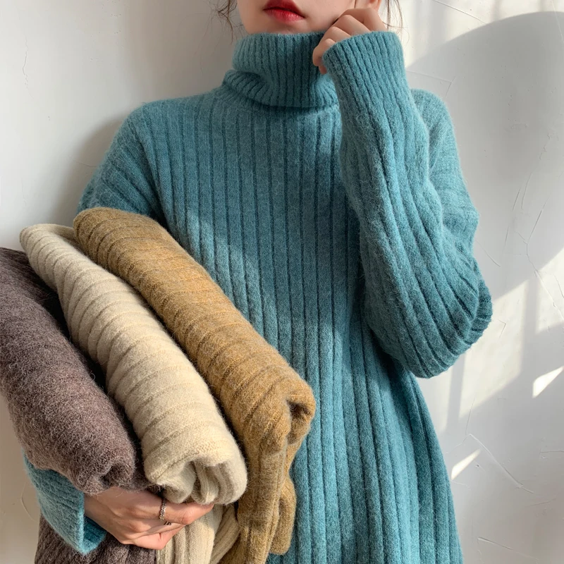 

Trendy 4 Colors Winter Women Turtleneck Sweater Casual Female Knitted Warm Pullovers Thickness Solid Color Loose Knitwear Tops
