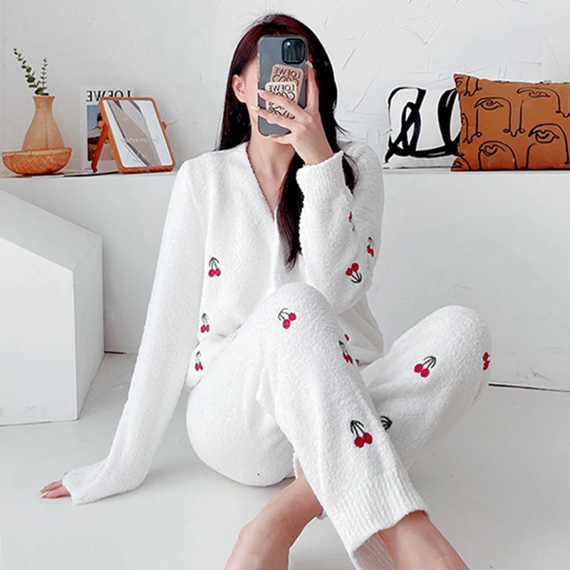 3PCS Pajama Set Women Winter Sleepwear Warm Velvet Homewear Suits Thick Cute Flanel Pyjamas Robe Set Soft Loungewear Pijamas