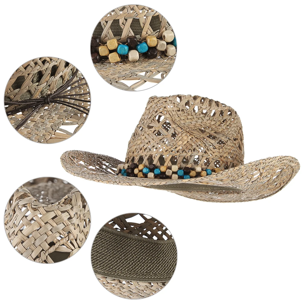 

2021 Unisex Straw Western Cowboy Hat For Women Cowgirl Summer Hats For Lady Sun Hat With Leather Beaded Belt Beach Cap Panama