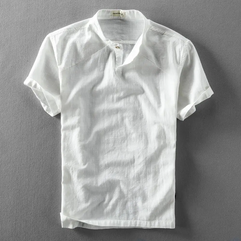 Men Summer Fashion Japan Style Solid Color Stand Collar Short Sleeve High Quality Cotton Linen Tshirt Male Casual Simple T-shirt | Мужская