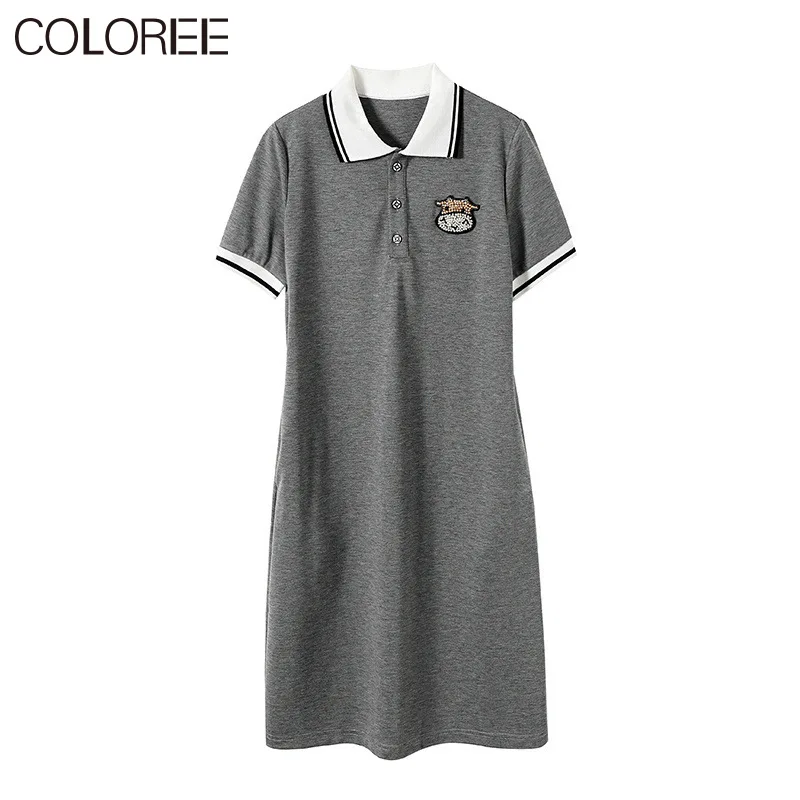 

Polo Beading Short Sleeve A-line Slim Woman Dress 2021 Black/gray Vestido De Mujer Korean Fashion Summer Clothes for Women