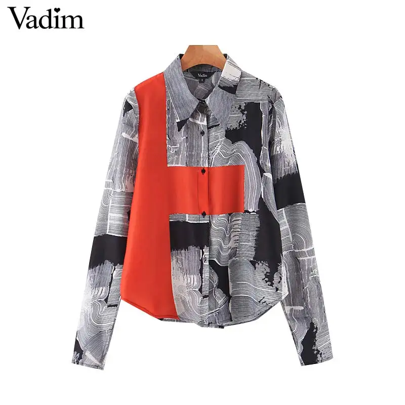 Vadim Женская стильная Базовая Блузка с принтом рубашки длинным рукавом и отложным