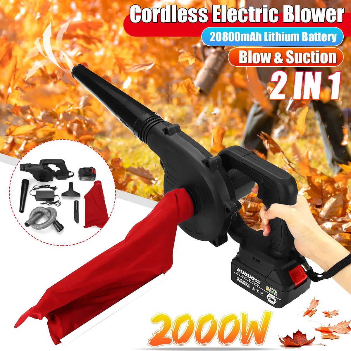 

2000W Cordless Electric Air Blower & Suction Handheld Leaf Computer Dust Collector Cleaner 2 In 1 Power Tool W/ 20800mAh Battery