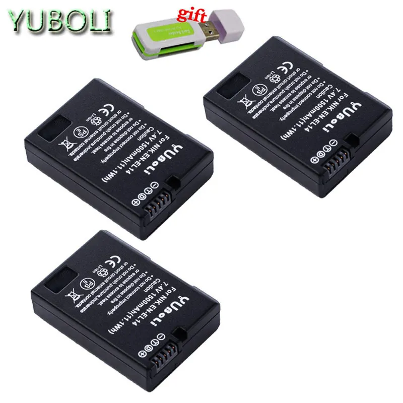 3BATTERY 1500 мА/ч, EN-EL14 батареи ENEL14 RU EL14 EL14A EN-EL14A батарейный блок камеры для Nikon D5200 D3100 D3200 D5100 P7000 P7100 MH-24 - Цвет: 3BATTERY