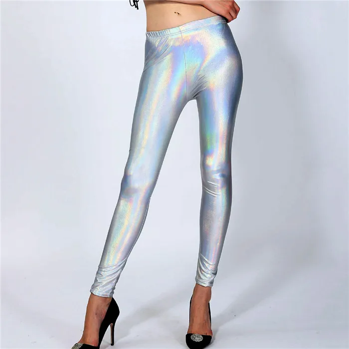 Серебристый Glitter Holographic Pu Long Pants Rainbow Color Striped Elastic Pencil Pants Sexy Women Skinny Trousers Streetwear Fall - Цвет: Серебристый